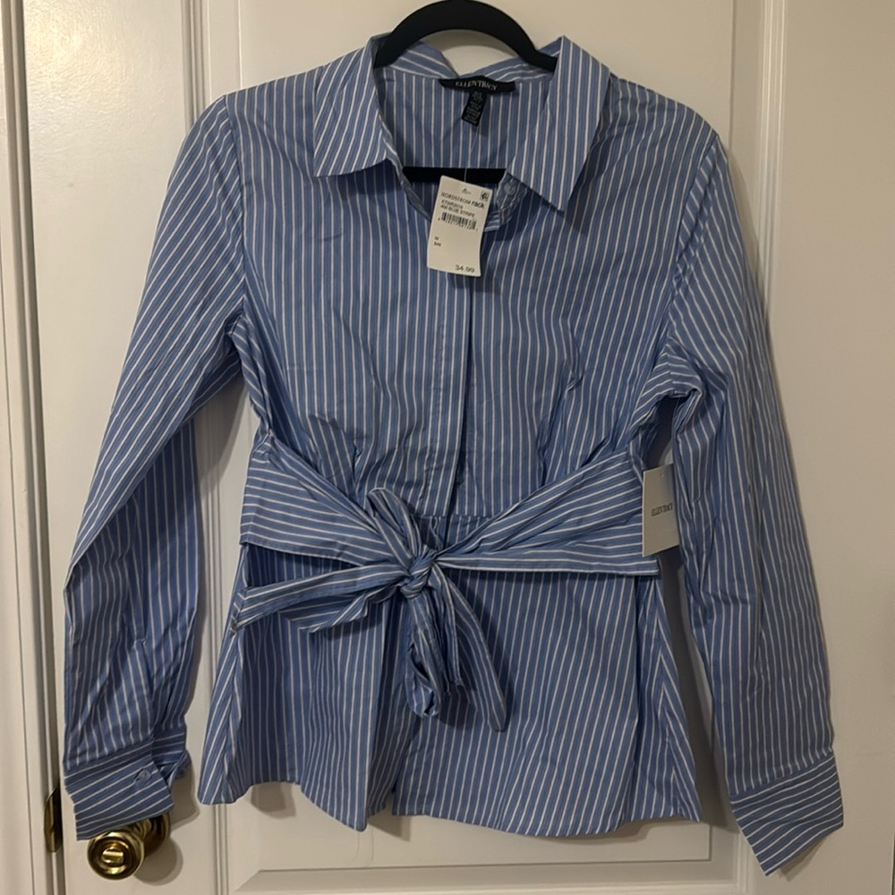 Ellen Tracy blue strip button down tie front shirt